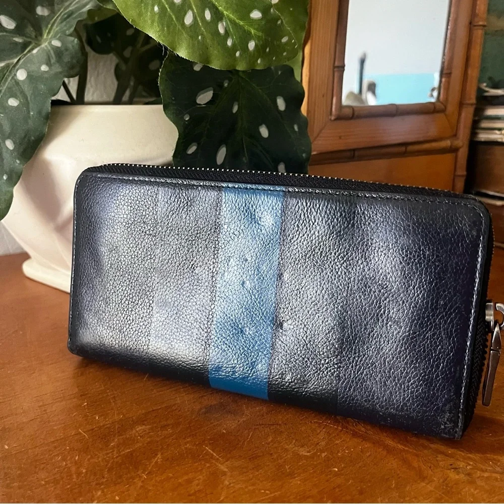 Coach (Vintage?) Zipper Wallet in Navy Blue and Black and Cobalt Blue Stripe